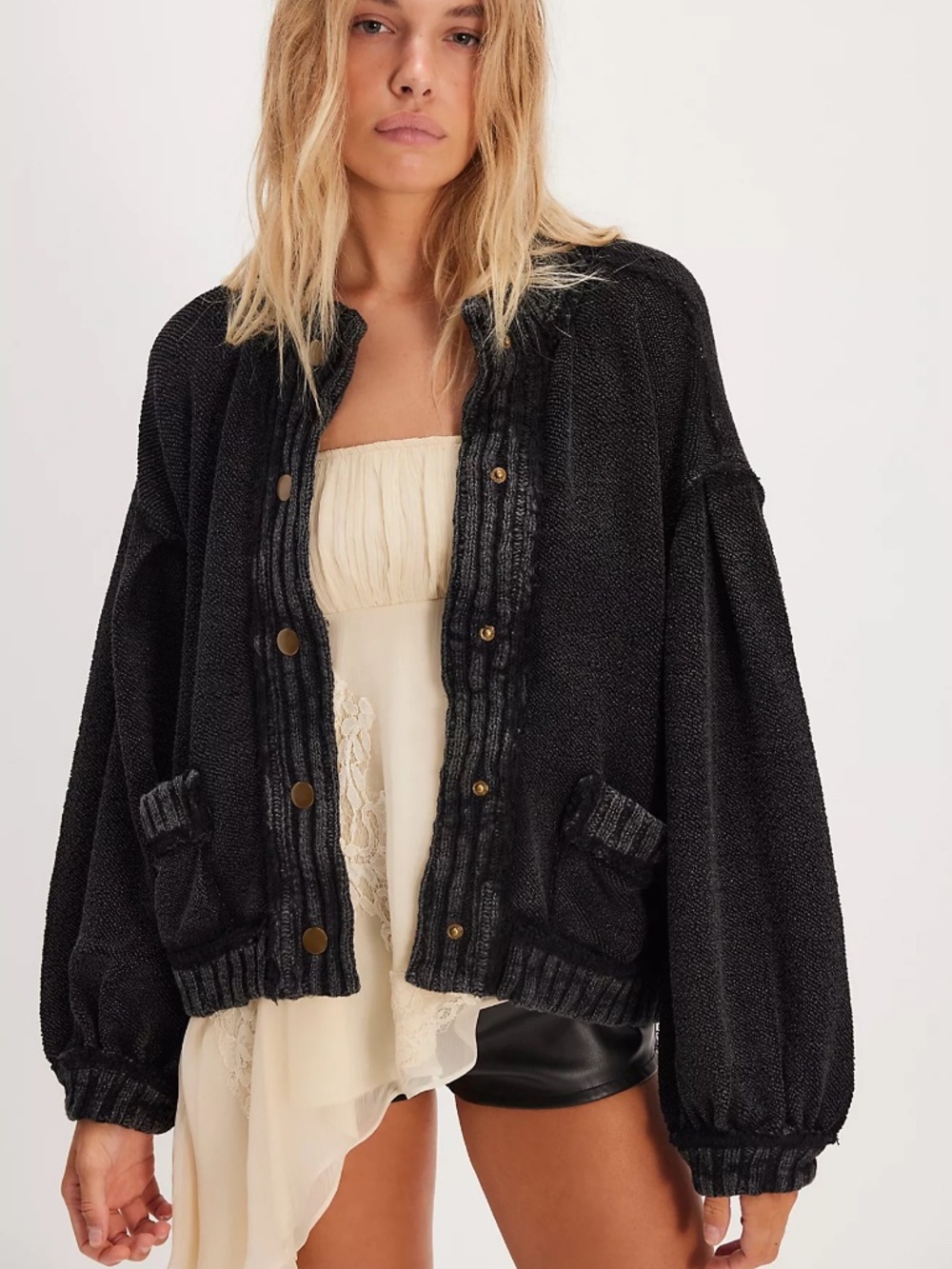 Free People We The Free Cute In This Cardi Black Snap Button Cardigan L